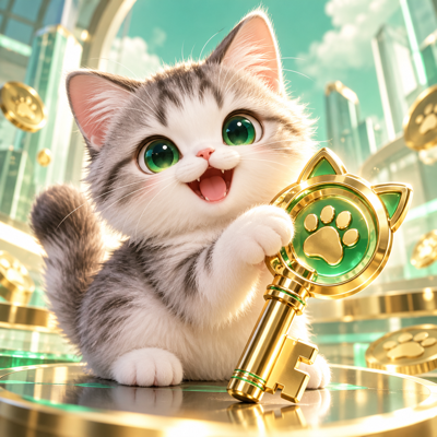 MeowKey kitten holding a golden key with an emerald paw emblem